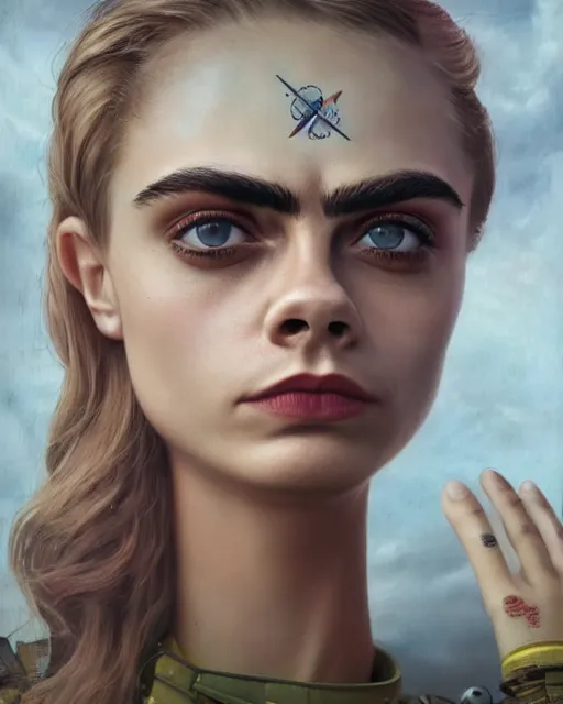 Image similar to closeup face profile portrait of cara delevingne as a soviet chernobyl space toy, bikini, depth of field, zeiss lens, detailed and intricate environment, fashion photoshoot by nicoletta ceccoli, mark ryden, lostfish, breathtaking, 8 k resolution, artistic, hyperrealistic, octane render