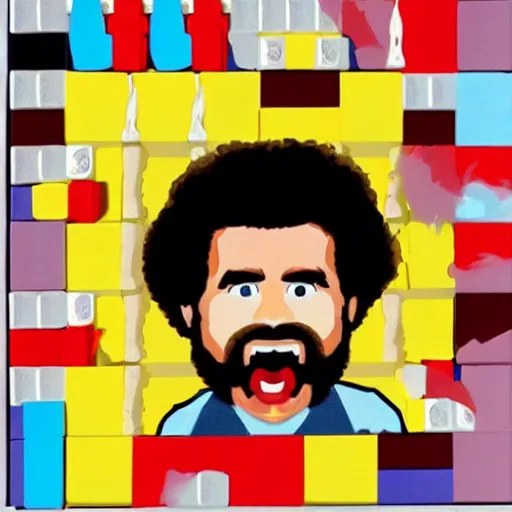 Image similar to bob ross screaming and stepping on legos