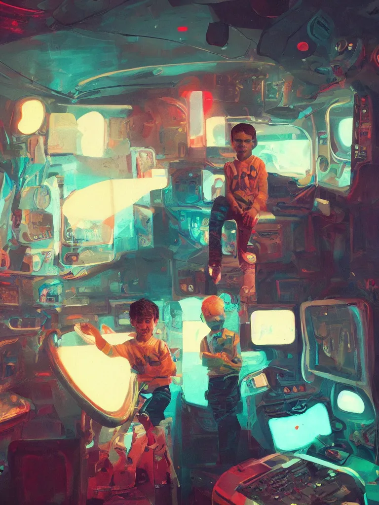 Prompt: a portrait of boy in a disco in a painting from stalenhag, 4 k, 8 k, hdr, artstation, concept art