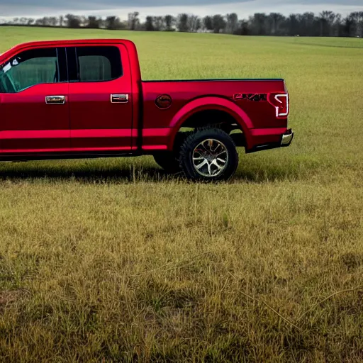 Image similar to A photograph of a red Ford F-150 pickup truck (2018) in a farm field, photo taken in 2018