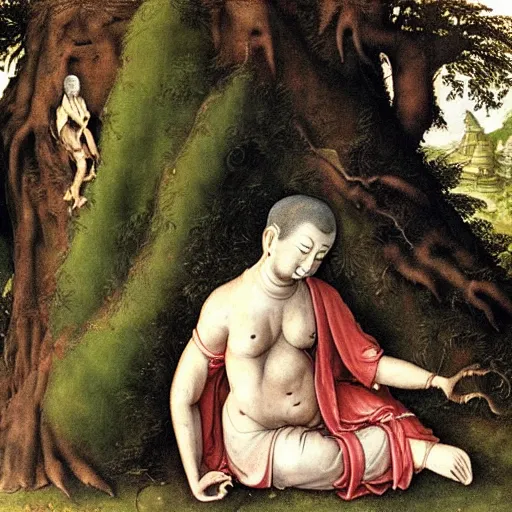 Prompt: Buddha and Jesus hiding from the rain under a giant leaf. Painting by Albrecht Durer