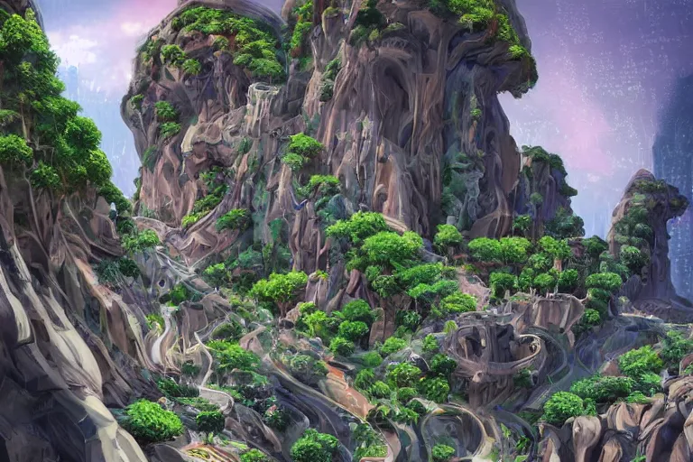 Image similar to futuristic cyberpunk city, advance civilization, luxurious streets, with lush Italian sakura garden located on Waimea canyon in Kauai, rocks formed by water erosion, beautiful smooth sandstone in unique shapes with light beams that shine through its walls, polish narrow slots of walls into a striated swirling finish, digital painting, concept art, smooth, sharp focus, from Star Trek 2021, illustration, by WLOP and Ruan Jia and Mandy Jurgens and William-Adolphe Bouguereau, Artgerm