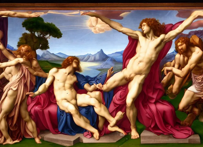 Image similar to Evelyn De Morgan, michelangelo's The Creation of Adam masterpiece, highly detailed, beautiful, epic lighting, wide angle, trending on ArtStation, ultra realistic