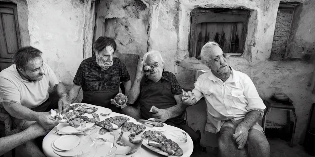 Image similar to cats sharing their mortadella with owner at a trullo house, photoreal, 3 5 mm, award winning photography