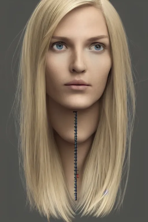 Image similar to robot with human face, female head, full body angle, woman human face, human face realistic, beautiful blonde hair, human head, human head with blonde hair, blonde hair human head, blonde hair, human realistic face, human head skin, cyborg frame concept, cyborg by ales-kotnik, sci-fi android female, the body is made of wires, robotic body, cyborg body, cyborg bust body, robot body cyborg, full body