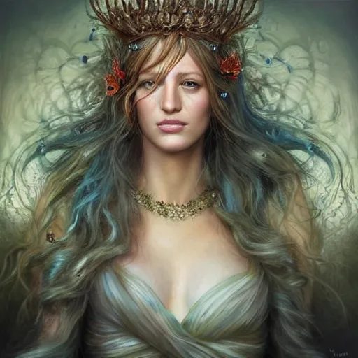 Prompt: upper body portrait shot of blake lively as titania, summer queen. faerie queen. queen of light., highly detailed, digital painting, artstation, concept art, soft focus, depth of field, artgerm, tomasz alen kopera, peter mohrbacher, donato giancola, wlop, boris vallejo