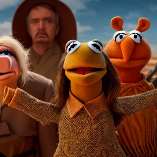 Image similar to The muppets in Dune (2021) wide angle battle scene, highly textured, hyperrealism, god rays, award winning, gritty