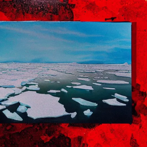 Prompt: horrific painting of an ice floe meeting magma!!!!!! in the middle, in the style of vintage photography, textured, skewed perspective, last photo ever taken, apocalyptic event, red color palette on left side and blue color palette on right side