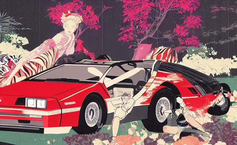 Image similar to a red delorean, tiger stripe backdrop, art by hsiao - ron cheng and utagawa kunisada, magazine collage, # e 4 e 6 2 0, # de 9 5 f 0