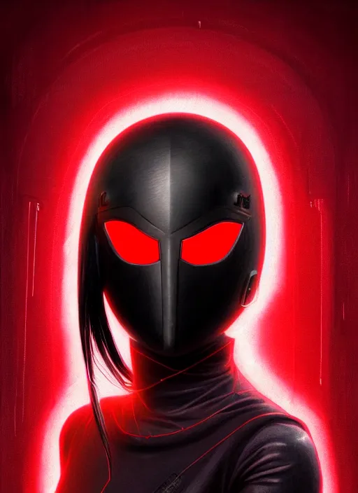Image similar to portrait of long black hair girl within a red steel mask and techwear. cynical face, concept art, cyberpunk illustration, intricate, highly detailed 8 k, smooth, matte, sharp focus, rim light, beautiful and aesthetic shape of face and body, artgerm, artstation, art by gharliera and rinotuna and junpei