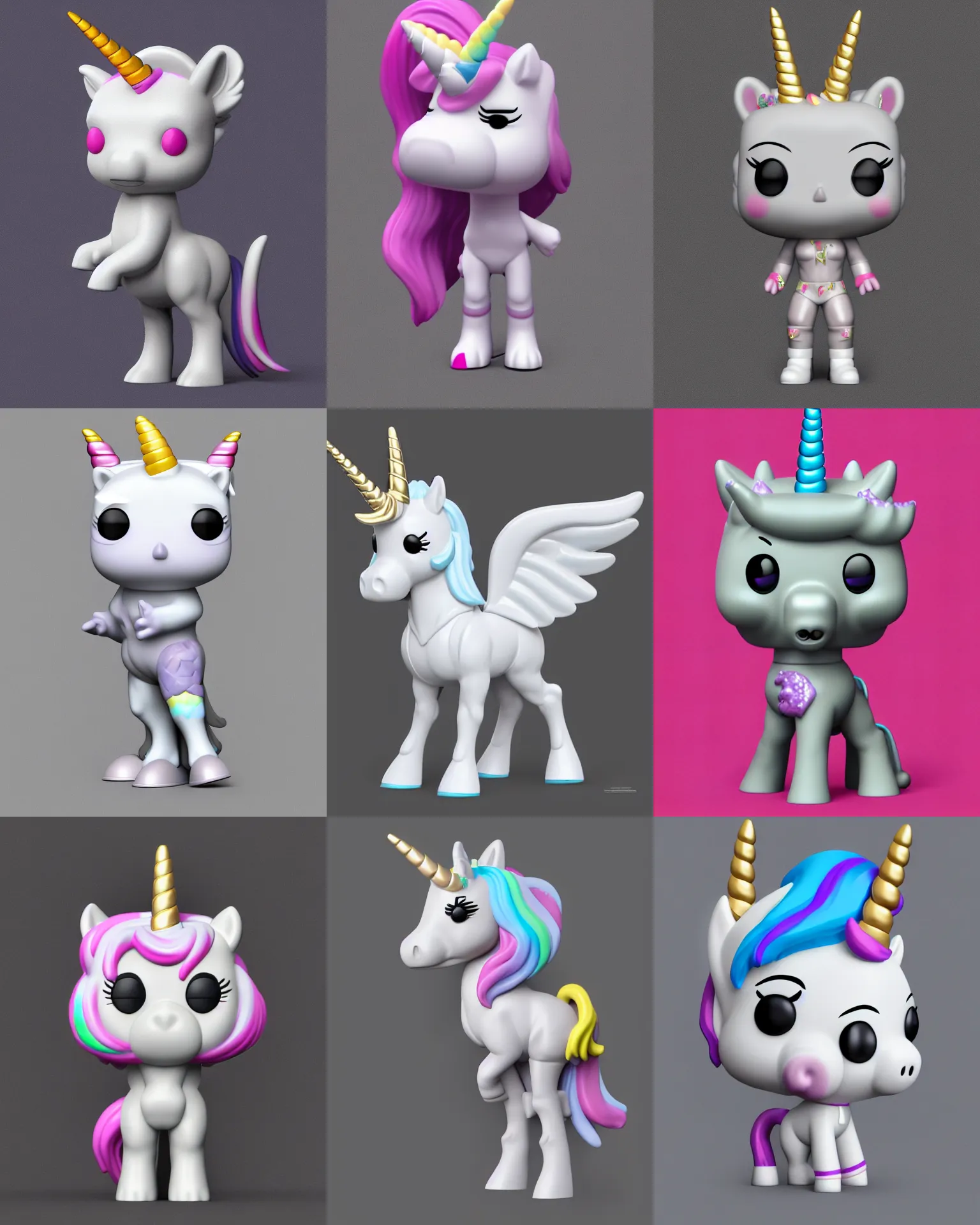 Prompt: full body 3 d render of unicorn as a funko pop!, studio lighting, grey background, single body, no shadow, blender, trending on artstation, 8 k, highly detailed