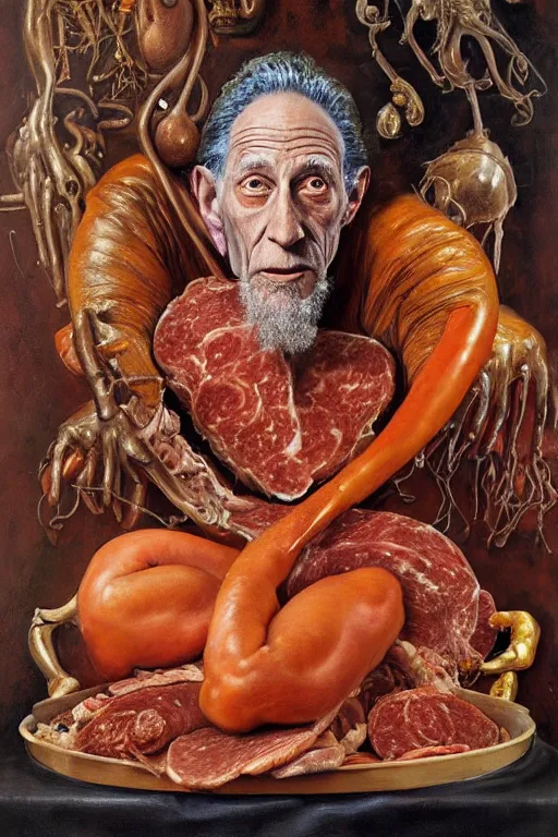 Prompt: hyper realistic portrait painting of earnest p. worrell ( intricate detail, golden ornaments, deli meats ) wet, deli meats, by godward, gustav moreau, saturno butto, boris vallejo, austin osman spare and david kassan, by bussiere. occult art, occult diagram, turquoise and orange color scheme.