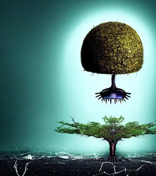 Image similar to smartphones melting into the ground, a new tree rising symbolising a new, humans falling into the ground representing their demise, a robot intelligence with a godlike presence rising from the ground, all in a surrealist style