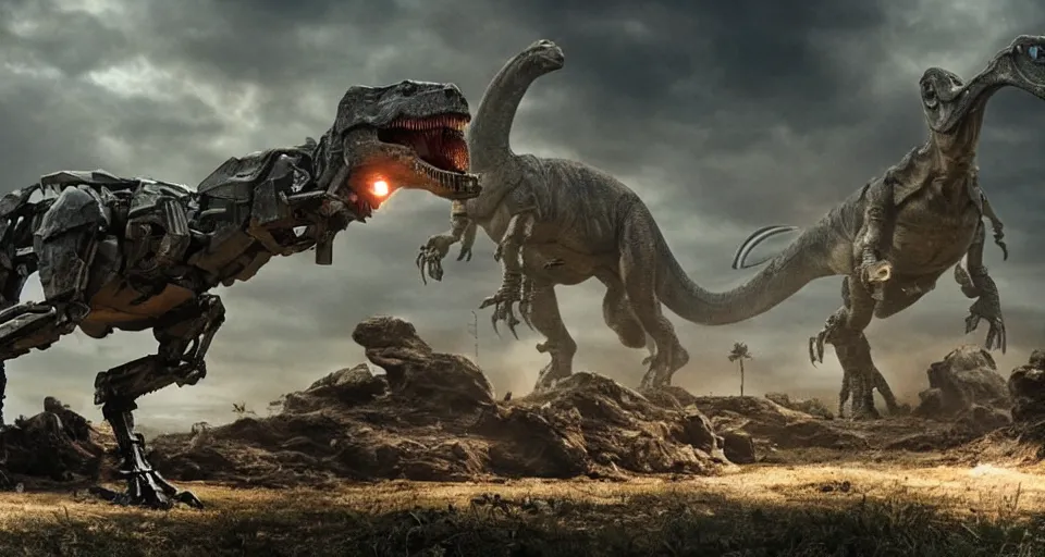 Prompt: movie still of dinosaur mecha, directed by neil blomkamp, soft lighting, cinematic lighting, film grain, very high detail, dramatic composition,