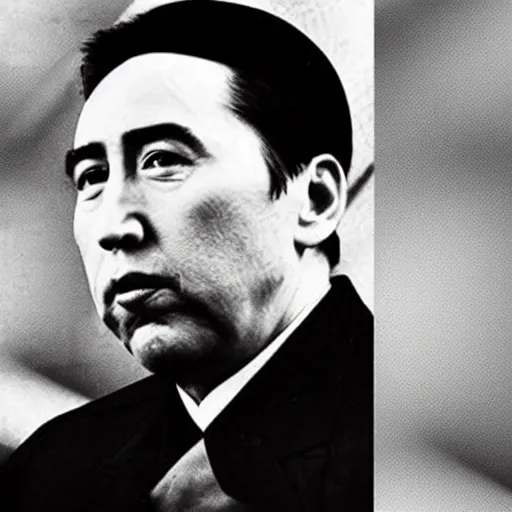 Image similar to Nicholas Cage as Mao Zedong, leader of China. He is dressed with a Superman suit, and is in a conference with Soviet Leaders in Siberia.
