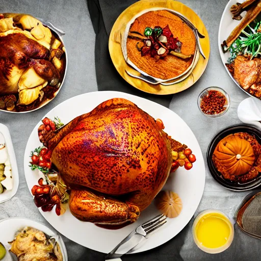 Prompt: delicious thanksgiving feast, food photography, award winning, highly detailed, high quality, high resolution