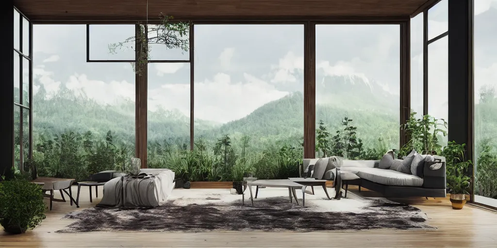 Image similar to a beautiful modern living room with wood floors, large windows with a beautiful view, an area rug, plants, forest, mountains, realistic, hd, 8 k, digital rendering, unreal engine, blender, octane, maya