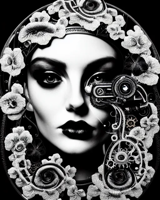 Image similar to black and white masterpiece profile portrait painting with no frame, one steampunk eye silver lace floral biomechanical beautiful young female cyborg, big monocular, volumetric light, hibiscus flowers, by hg giger, rim light, big gothic fashion pearl embroidered collar, 8 k