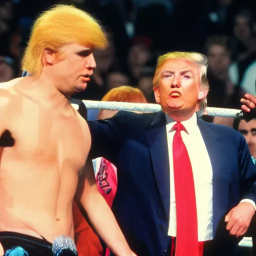 Image similar to donald trump emo cage fighter, 1 9 8 5 wrestlemania