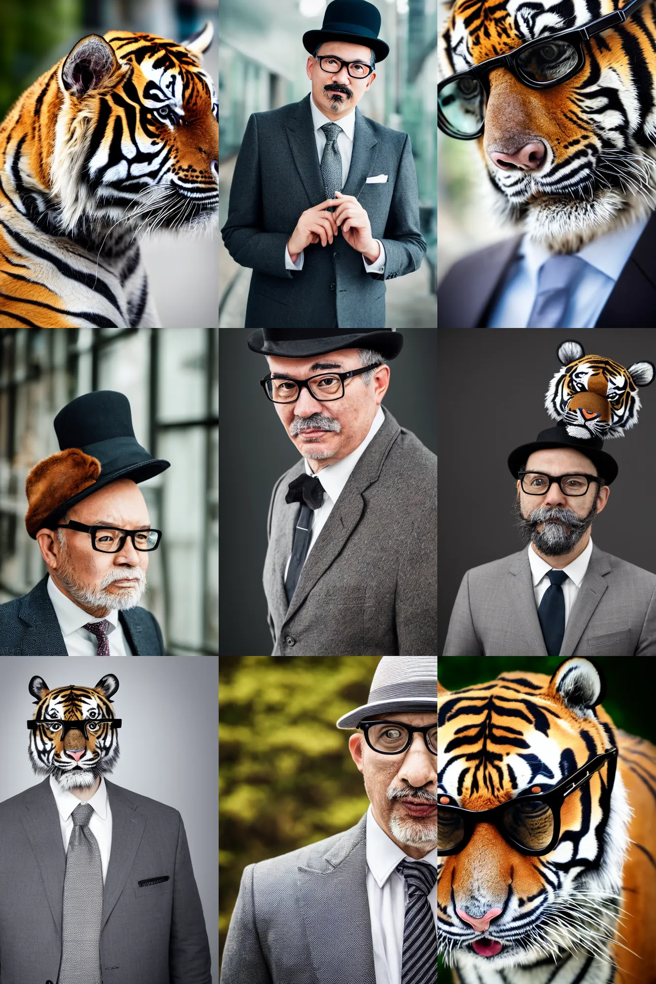 Prompt: realistic portrait photo of a !!graying tiger!! wearing a business suit and tie, wearing a bowler hat, !!wearing modern glasses!!, !!!Anthropomorphic!!!, photography 4k, f1.8 bokeh, 4k, 85 mm lens, sharp eyes, looking at camera, photorealistic