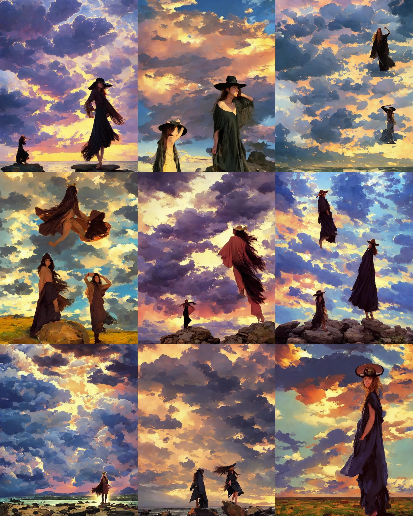 Prompt: dramatic light, thunder clouds in the sky, sunset clouds by rhads, god rays, travel poster, brutal shapes, shaman, portrait of single fashionable young woman wearing rich jewerly hat and boho poncho, pixiv, standing pose on stones, 1970s fashion, anime, studio ghiblil, artwork by Joaquin Sorolla and john william waterhouse and Denis Sarazhin and James Jean and klimt and van gogh and Dean Ellis and Detmold Charles Maurice