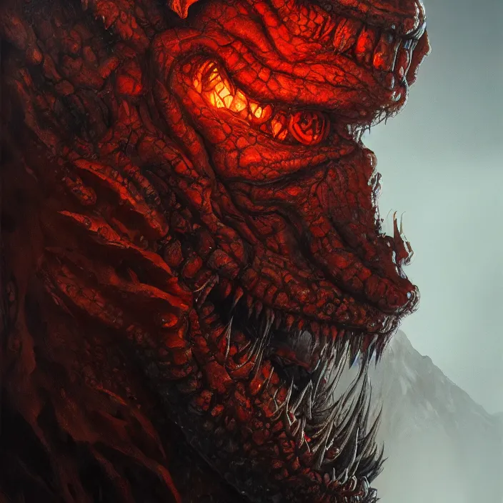 Image similar to close up portrait of a monster in the mountains of hell, oil painting by tomasz jedruszek, cinematic lighting, pen and ink, intricate line, hd, 4 k, million of likes, trending on artstation