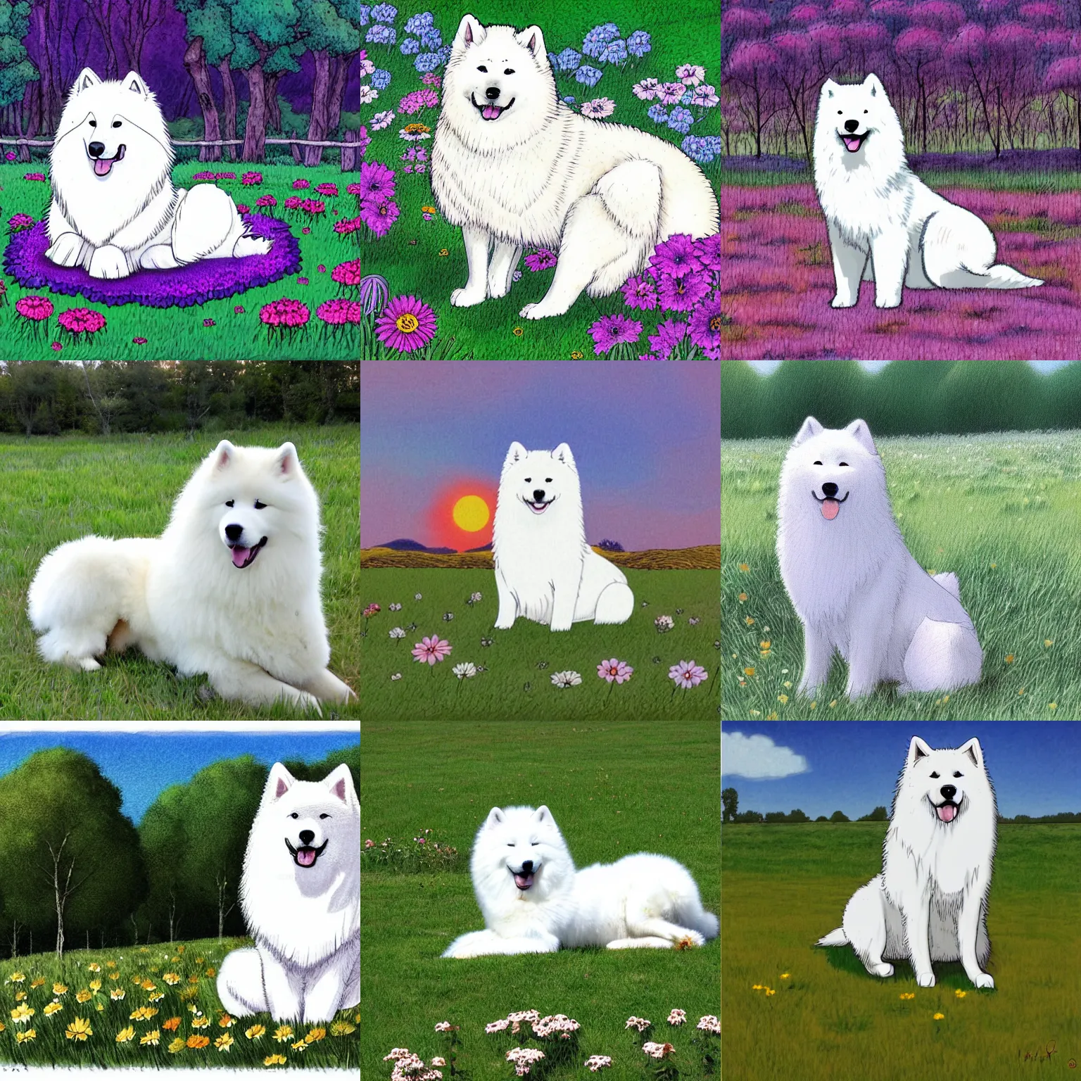 Prompt: a samoyed dog sitting in the middle of sunny meadow, colored, by Masashi Kishimoto