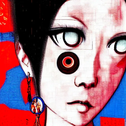 Image similar to yoshitaka amano blurred and dreamy realistic three quarter angle horror portrait of a sinister young woman with short black hair, big earrings and red eyes wearing office suit with tie, junji ito abstract patterns in the background, satoshi kon anime, noisy film grain effect, highly detailed, renaissance oil painting, weird portrait angle, blurred lost edges