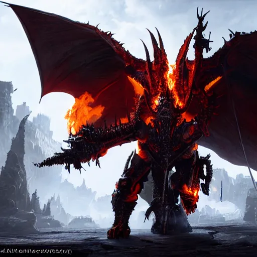 Image similar to 4k unreal engine render of Deathwing spreading his fire in a epic way, dynamic lighting, stunning visuals, cinematic, ultra detailed, trending on art station, fantasy concept art