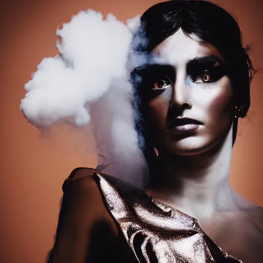 Image similar to Photo of Cleopatra, close-up, high detail, studio, ominous background, smoke, 85mm Sigma Art Lens