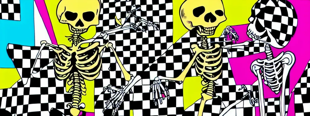 Prompt: ska skeleton and girlfriend, graffiti art, 80s checkerboard 666, digital art, chalk, ultra detailed by Tara McPherson and Gary Houston