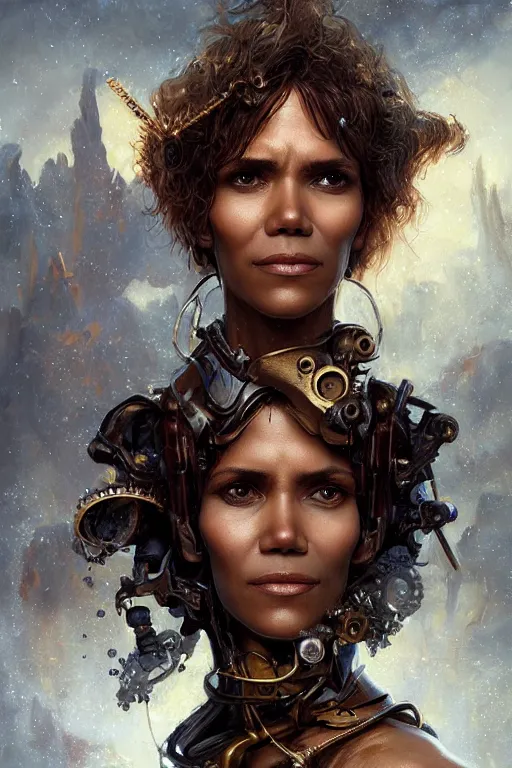 Prompt: portrait oils, beautiful female hybrid cyborg halle berry regal, realistic, refined, detailed, digital art, jessica rossier, michael cheval, esao andrews, steampunk, walt disney, francois boucher, oil painting, highly detailed, cinematic lighting, unreal, natural