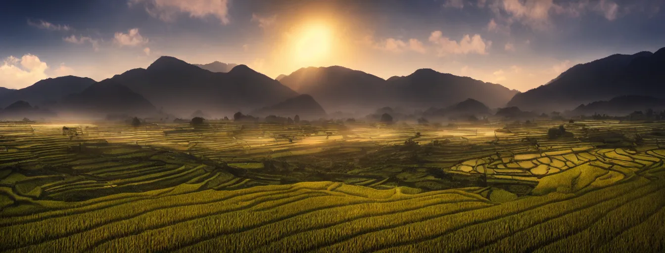 Image similar to Photo of paddy field of Baling with several village and rolling mountain at the background, wide angle, volumetric light, fog, mist, morning, hyperdetailed, light water, artstation, cgsociety, 8k