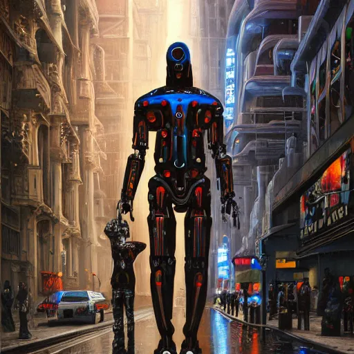 Prompt: humanoid cyborg sci - fi liquid man walks through the center of a city, extremely detailed oil painting, 1 9 2 0's colored pencil, highly detailed, highly accurate, deep aesthetic, 8 k, highly ornate intricate details, cinematic lighting, rich colors, beautiful scenic view, ray tracing, hyperrealistic, photorealistic, cinematic landscape, trending on artstation, concept art,