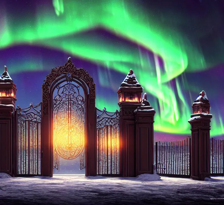 Image similar to a very detailed concept art of intricate gates to aurora borealis, trending on artstation, symmetry, digital art, 4 k, hyper realistic, octane render, sharp focus