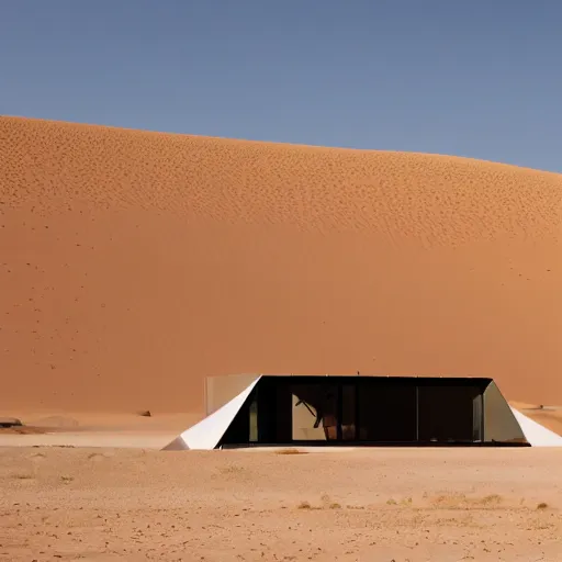 Prompt: A house designed by Norman Foster in the middle of the sahara desert. Film Grain, cinematic. Brown sand. Full color. Magic Hour.