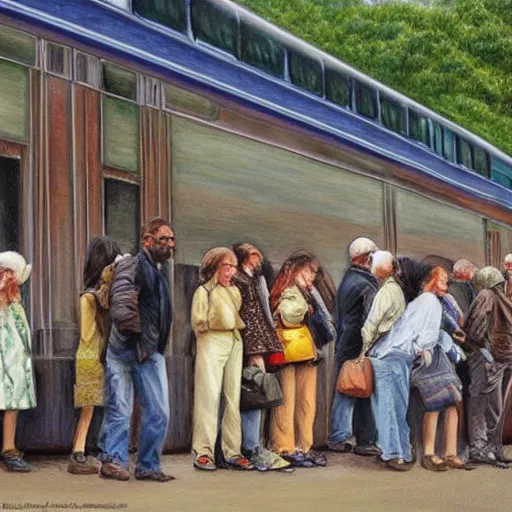 Prompt: A beautiful drawing of a group of people waiting at a railway station. The people in the artwork are all waiting for a train that is about to arrive. burnt umber by Heather Theurer monumental