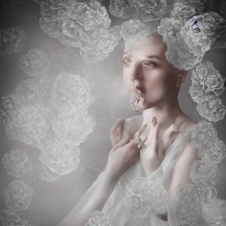 Prompt: hight focus of a wonderful realistic focused sweet wonderful symmetrical centered mid portrait of a lonely woman with a detailed wonderful, majestic, large semi transparent white cotton dress ornate with semi transparent black cotton roses and semi transparent white veils, dramatic light, octane render, - 8 k