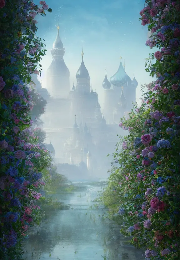 Image similar to vanishing point, palace like the kremlin in distance on a lake is covered with aqua blue roses, viewed from afar, stephen bliss, misty, unreal engine, fantasy art by greg rutkowski, loish, ferdinand knab, and lois van rossdraws,, global illumination, radiant light, minimalist, detailed and intricate environment