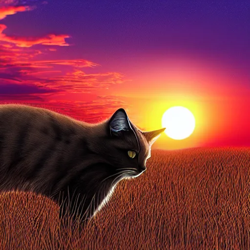 Image similar to beautiful picture of a cat starting at a futuristic sunset, photorealistic, award winning details