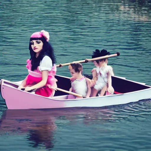 Prompt: Melanie Martinez rowing a boat across a big pond with lillpads and swans