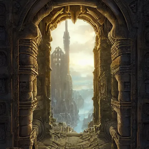 Image similar to carved futuristic door at the end of ancient ornate steps shows a large window to a city detailing the vast architectural scientific ancient and cultural acheivements of humankind, magical atmosphere, jorge jacinto, andreas rocha, damian kryzwonos, ede laszlo, christian reiske, trending on artsation, digital art, cinematic blue gold