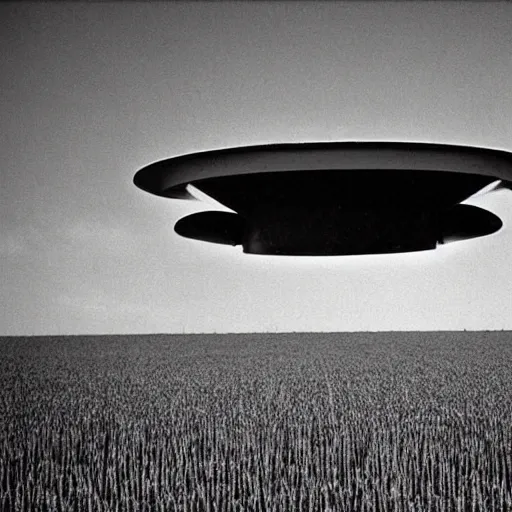 Image similar to a picture of an ufo above an wheat field, black and white, 1 9 2 0's, pictorialism