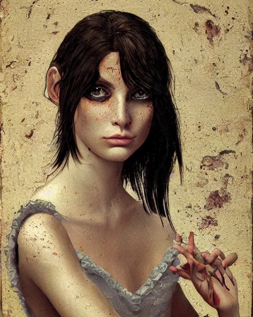 Prompt: a beautiful and eerie baroque painting of a gorgeous young woman from vampire the masquerade bloodlines, with wild dark hair and freckles and haunted eyes, 1 9 7 0 s, afternoon light, delicate embellishments, painterly