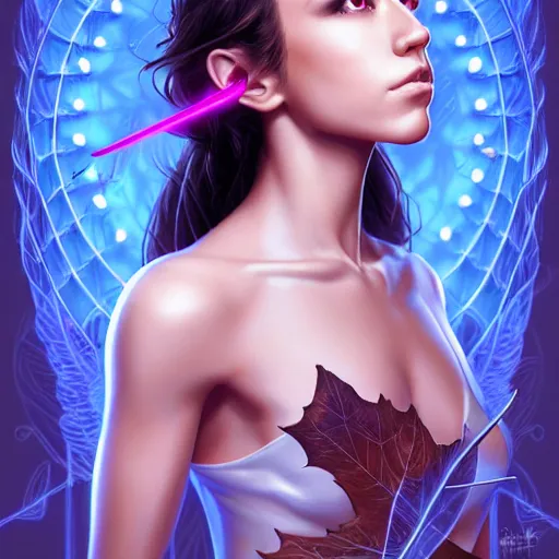 Image similar to beautiful stella maeve magician, in the style of artgerm, tom bagwell, realistic character concept, bird's eye overhead shot, elegant pose, spooky, illustration, symmetrical face and body, volumetric lighting, detailed realistic symmetrical eyes, 8 k, single face, insanely detailed and intricate elegant, autumn leaves