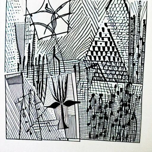 Image similar to a sharpie drawing of a bauhaus plant garden