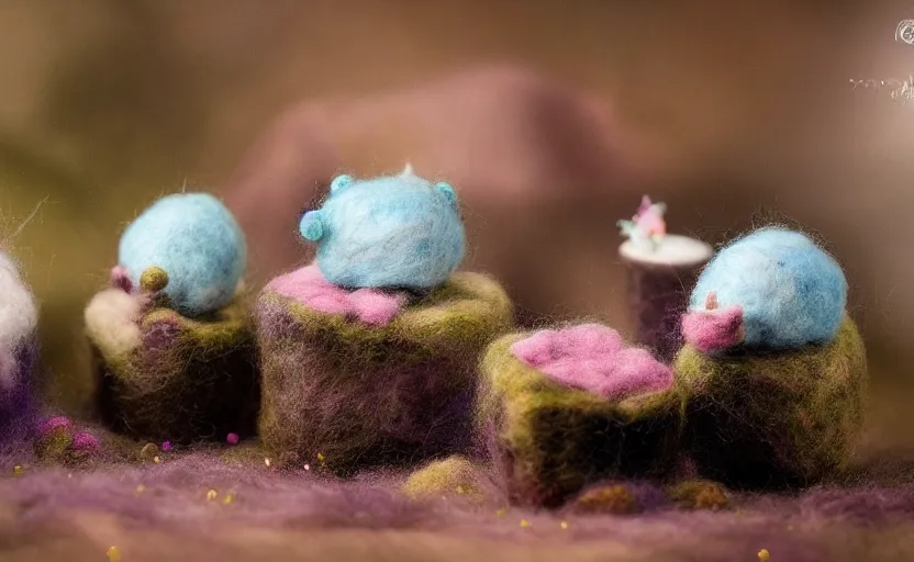 Image similar to tardigrade mini cafe tardigrade diorama with tardigrades macro photography, needle felted tardigrades, ambient, atmospheric photograph, string lights, romantic tardigrades