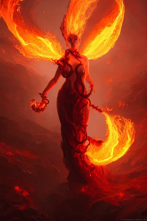 Prompt: beautiful powerful eldritch fire goddess clothed in a flaming gown, volcanic embers, magma, detailed matte fantasy portrait, dynamic lighting, bokeh backdrop, by greg rutkowski, by peter mohrbacher, by brom, hyperrealism, detailed features, 8 k dop dof hdr