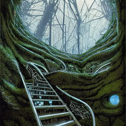 Image similar to stairs leading to a frozen derelict portal in a middle of a snowy lush futuristic forest, green lush world seen only through a portal, daylight, cinematic lighting, blue sky, syd mead, john harris