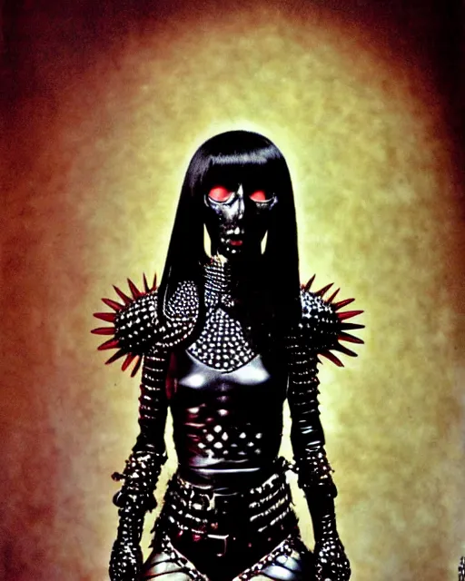 Image similar to portrait of a skinny punk goth yayoi kusama wearing armor by simon bisley, john blance, frank frazetta, fantasy, thief warrior